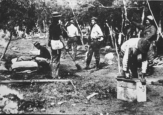 The University of Missouri Geology Field Camp has been in the canyon since 1915. Here students break camp, which was originally a tent camp at the mouth of the canyon.